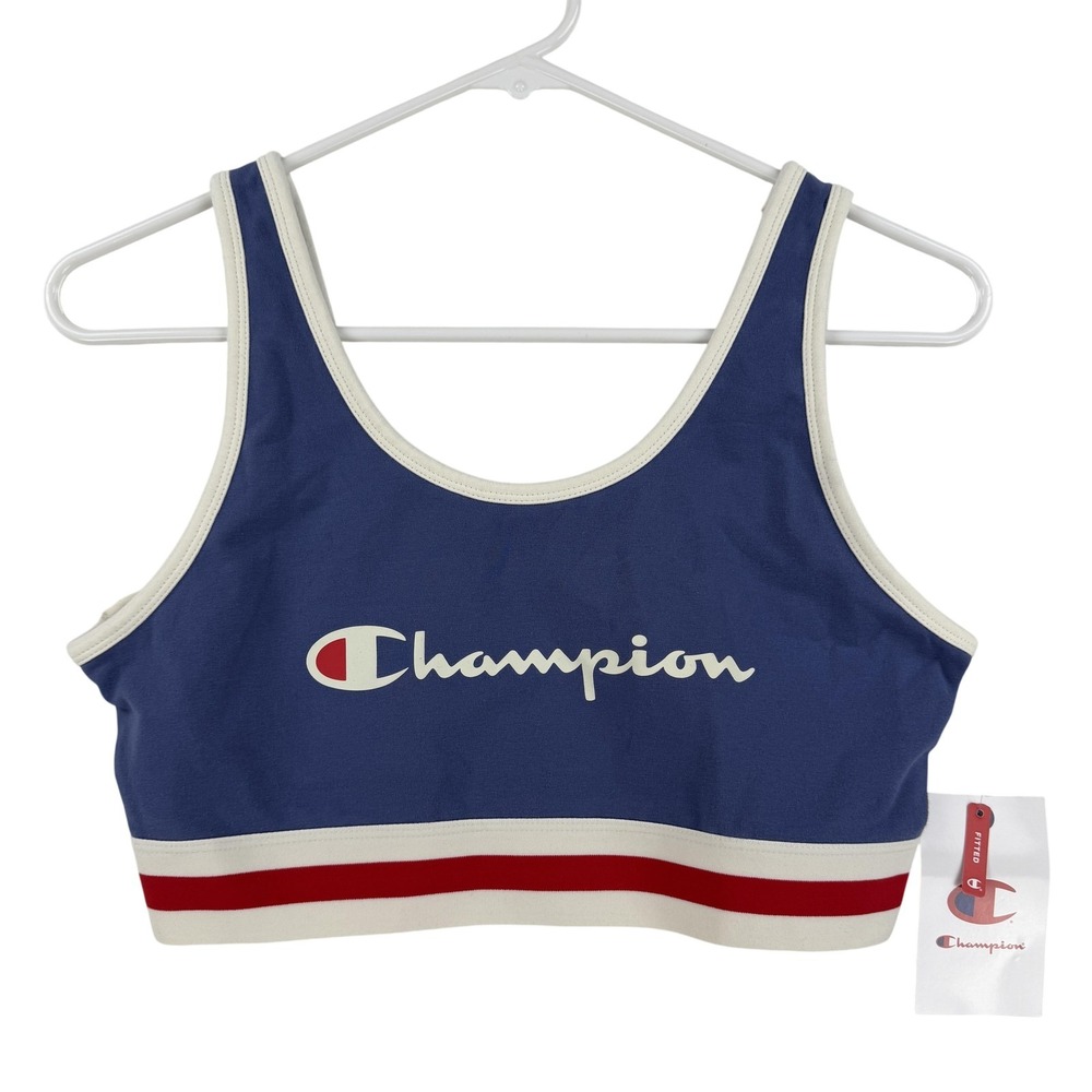 Champion Sports Bra Womens‎ Large Blue Iconic Crop Stripe Logo Athletic Gym NWT